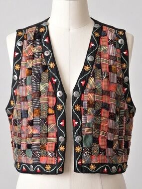 Vintage 90s JouJou Patchwork Vest Basket Weave Ribbon Indie Festival Large
